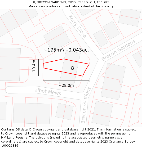 8, BRECON GARDENS, MIDDLESBROUGH, TS6 9RZ: Plot and title map