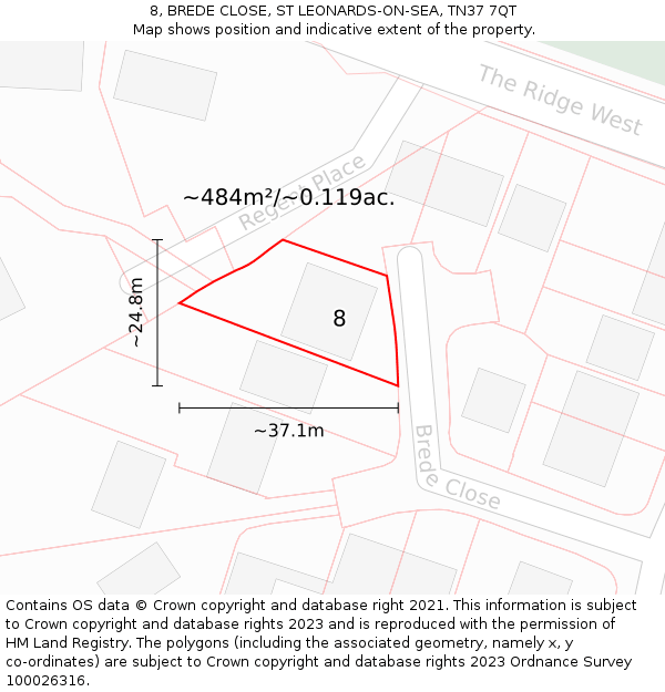 8, BREDE CLOSE, ST LEONARDS-ON-SEA, TN37 7QT: Plot and title map