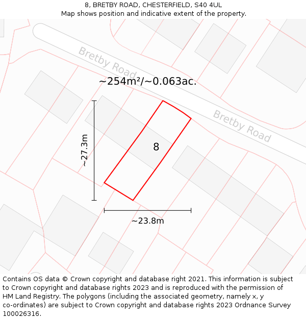 8, BRETBY ROAD, CHESTERFIELD, S40 4UL: Plot and title map