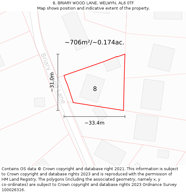 8, BRIARY WOOD LANE, WELWYN, AL6 0TF: Plot and title map