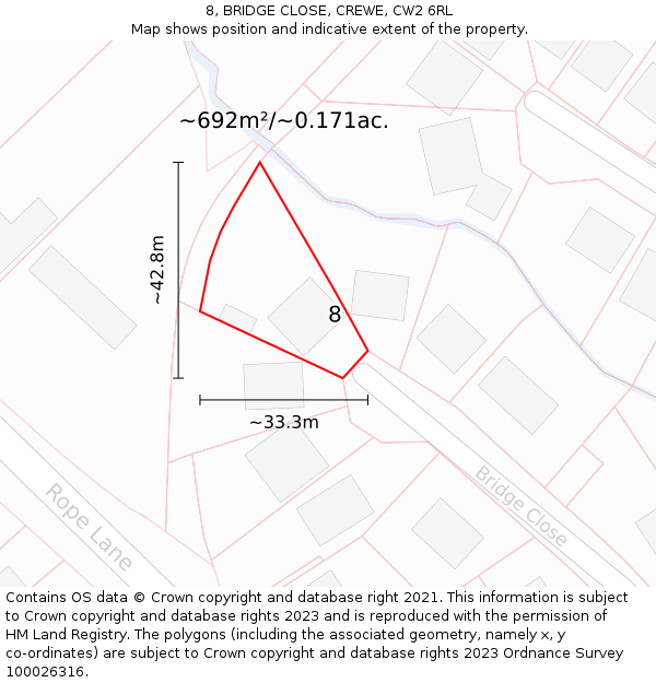 8, BRIDGE CLOSE, CREWE, CW2 6RL: Plot and title map