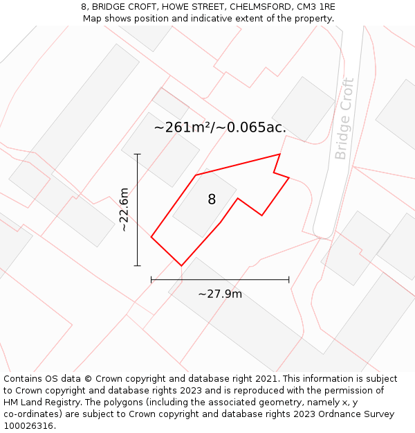 8, BRIDGE CROFT, HOWE STREET, CHELMSFORD, CM3 1RE: Plot and title map