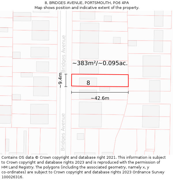 8, BRIDGES AVENUE, PORTSMOUTH, PO6 4PA: Plot and title map