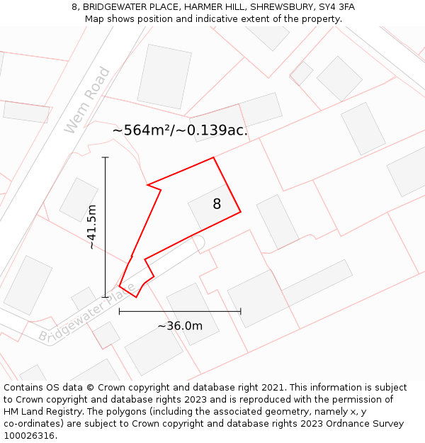 8, BRIDGEWATER PLACE, HARMER HILL, SHREWSBURY, SY4 3FA: Plot and title map