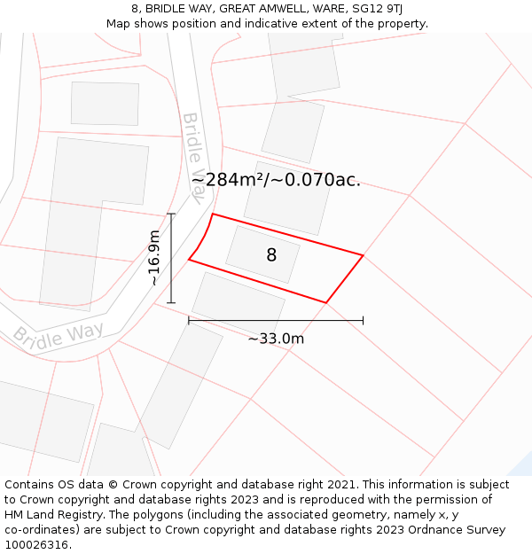 8, BRIDLE WAY, GREAT AMWELL, WARE, SG12 9TJ: Plot and title map