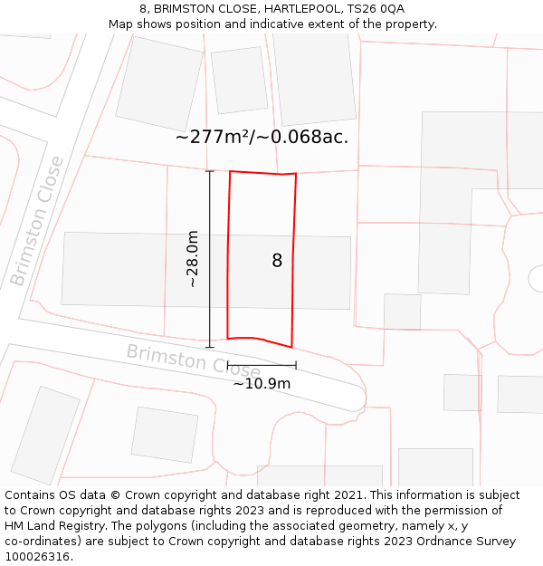 8, BRIMSTON CLOSE, HARTLEPOOL, TS26 0QA: Plot and title map