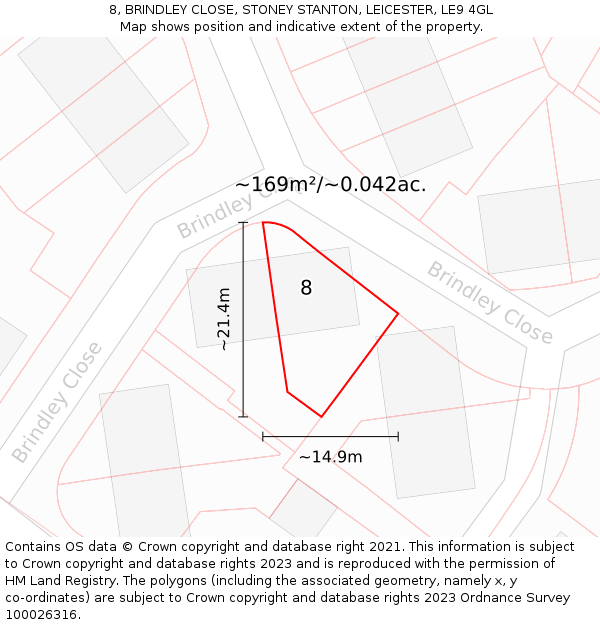 8, BRINDLEY CLOSE, STONEY STANTON, LEICESTER, LE9 4GL: Plot and title map