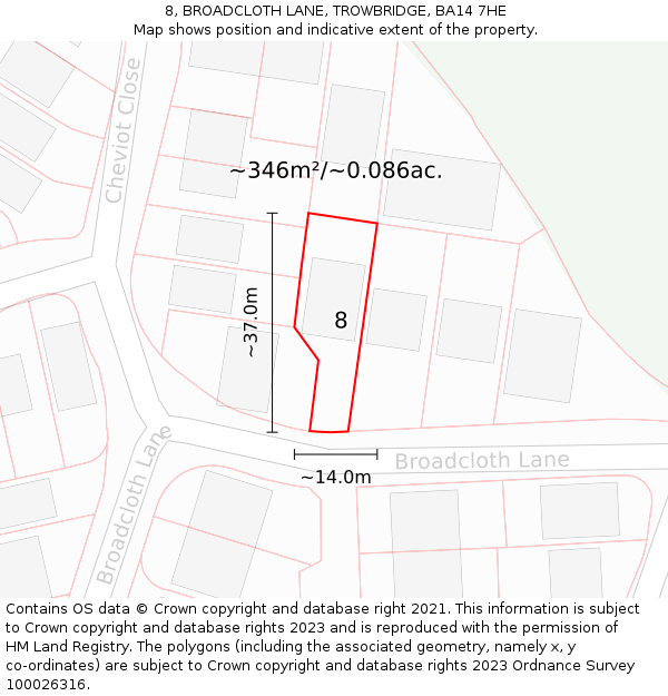 8, BROADCLOTH LANE, TROWBRIDGE, BA14 7HE: Plot and title map