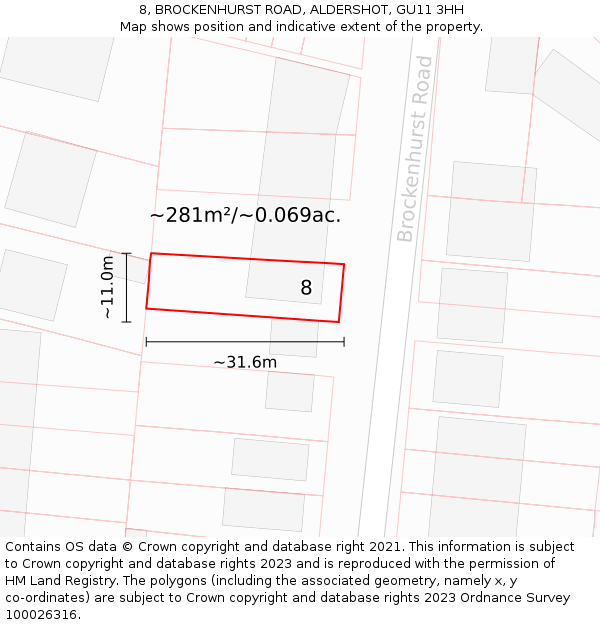 8, BROCKENHURST ROAD, ALDERSHOT, GU11 3HH: Plot and title map