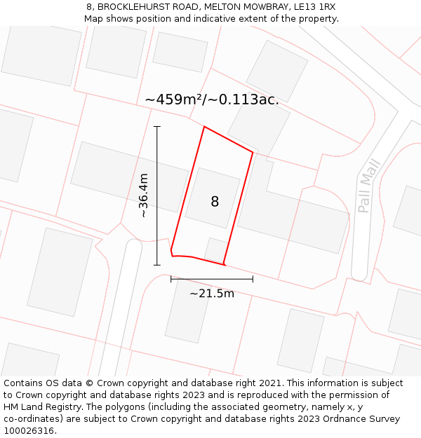 8, BROCKLEHURST ROAD, MELTON MOWBRAY, LE13 1RX: Plot and title map