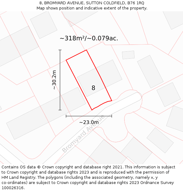 8, BROMYARD AVENUE, SUTTON COLDFIELD, B76 1RQ: Plot and title map