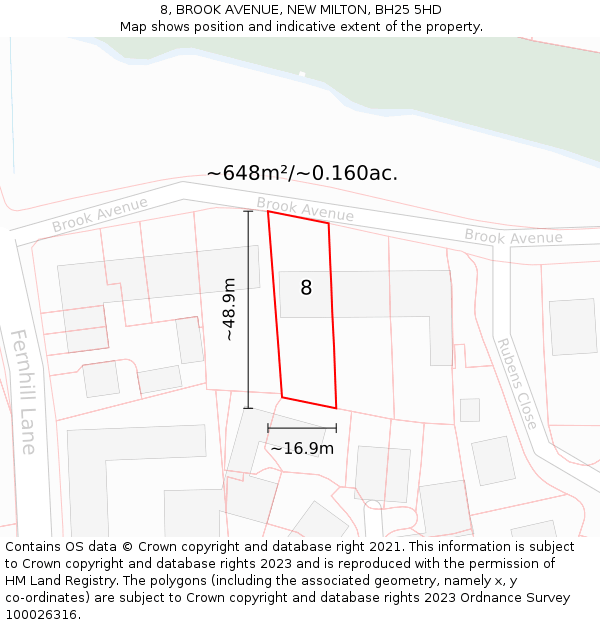 8, BROOK AVENUE, NEW MILTON, BH25 5HD: Plot and title map