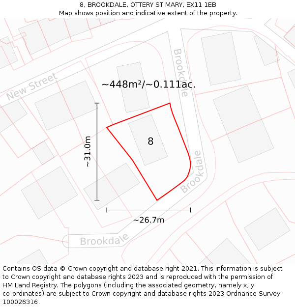 8, BROOKDALE, OTTERY ST MARY, EX11 1EB: Plot and title map