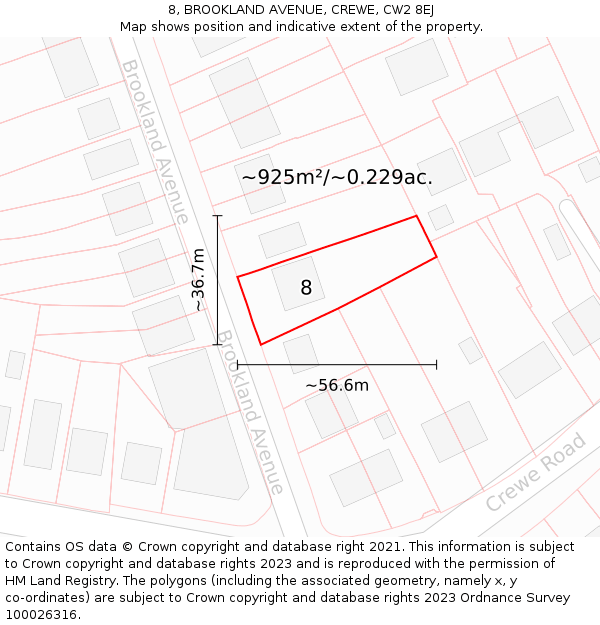 8, BROOKLAND AVENUE, CREWE, CW2 8EJ: Plot and title map