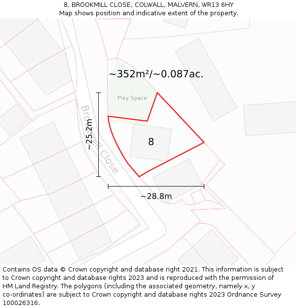 8, BROOKMILL CLOSE, COLWALL, MALVERN, WR13 6HY: Plot and title map