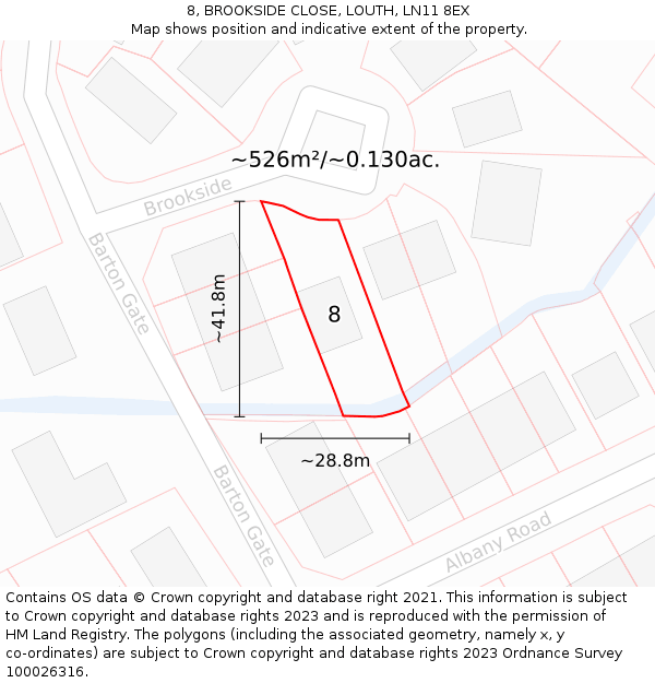 8, BROOKSIDE CLOSE, LOUTH, LN11 8EX: Plot and title map