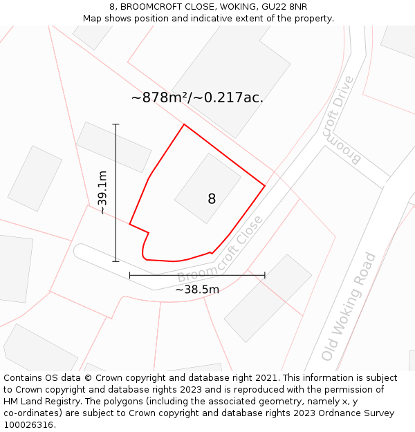 8, BROOMCROFT CLOSE, WOKING, GU22 8NR: Plot and title map