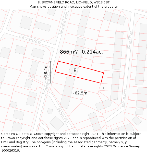 8, BROWNSFIELD ROAD, LICHFIELD, WS13 6BT: Plot and title map