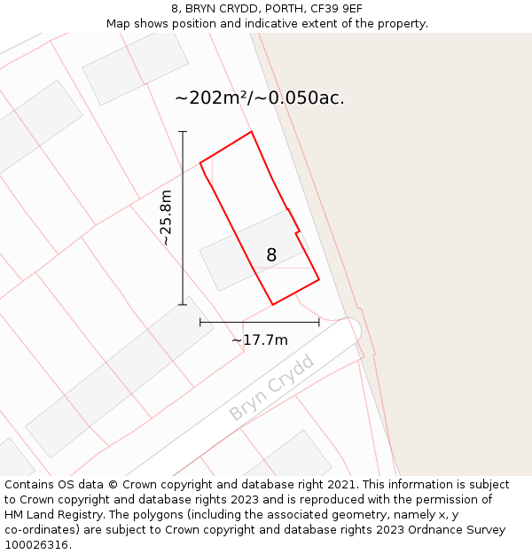 8, BRYN CRYDD, PORTH, CF39 9EF: Plot and title map