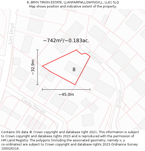 8, BRYN TIRION ESTATE, LLANFAIRPWLLGWYNGYLL, LL61 5LQ: Plot and title map