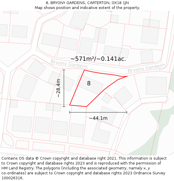 8, BRYONY GARDENS, CARTERTON, OX18 1JN: Plot and title map