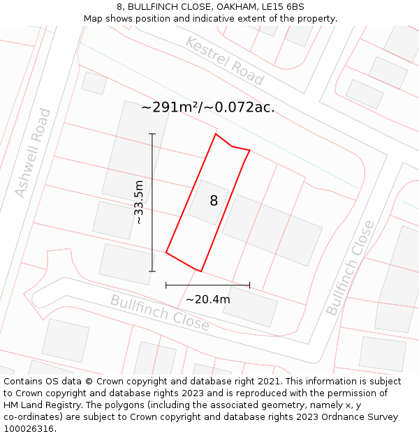 8, BULLFINCH CLOSE, OAKHAM, LE15 6BS: Plot and title map