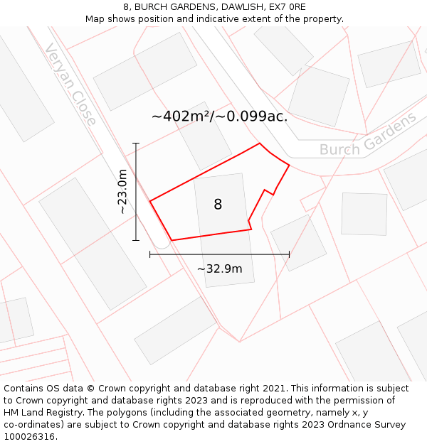 8, BURCH GARDENS, DAWLISH, EX7 0RE: Plot and title map