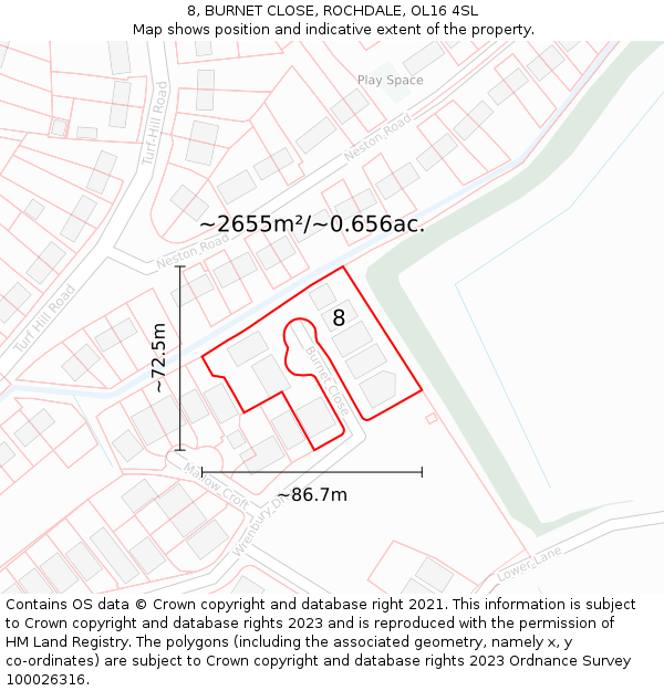 8, BURNET CLOSE, ROCHDALE, OL16 4SL: Plot and title map