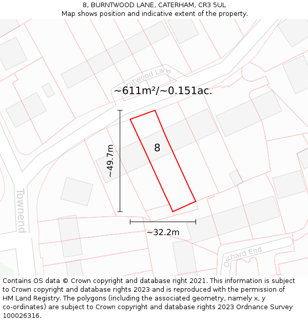 8, BURNTWOOD LANE, CATERHAM, CR3 5UL: Plot and title map