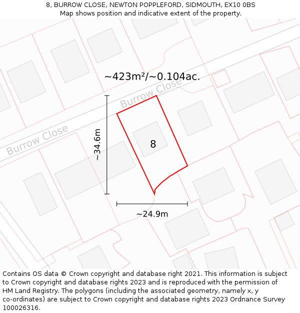 8, BURROW CLOSE, NEWTON POPPLEFORD, SIDMOUTH, EX10 0BS: Plot and title map