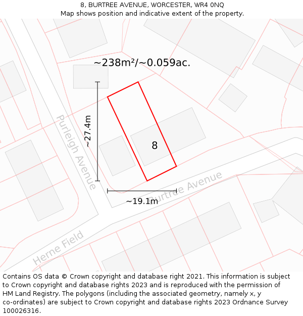 8, BURTREE AVENUE, WORCESTER, WR4 0NQ: Plot and title map