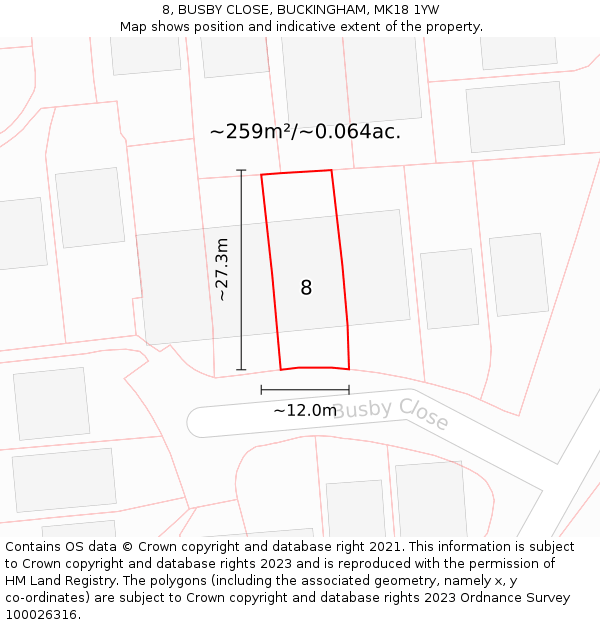 8, BUSBY CLOSE, BUCKINGHAM, MK18 1YW: Plot and title map