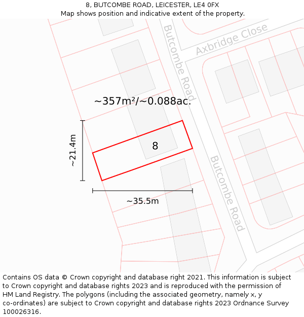 8, BUTCOMBE ROAD, LEICESTER, LE4 0FX: Plot and title map