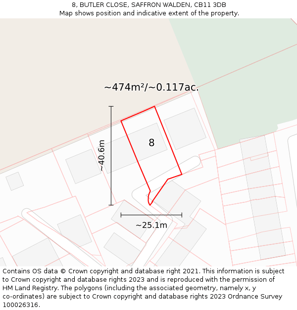 8, BUTLER CLOSE, SAFFRON WALDEN, CB11 3DB: Plot and title map