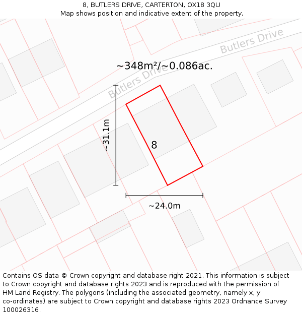 8, BUTLERS DRIVE, CARTERTON, OX18 3QU: Plot and title map