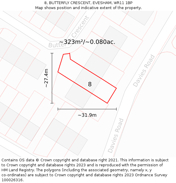 8, BUTTERFLY CRESCENT, EVESHAM, WR11 1BP: Plot and title map