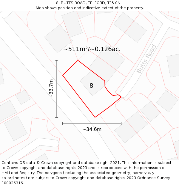 8, BUTTS ROAD, TELFORD, TF5 0NH: Plot and title map