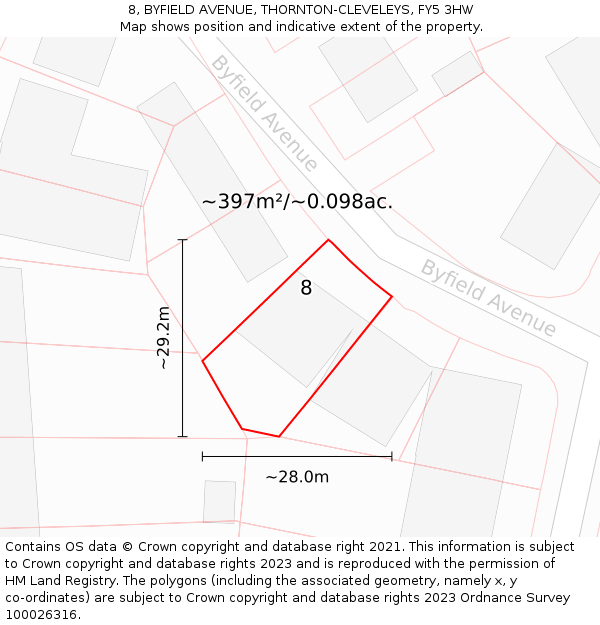 8, BYFIELD AVENUE, THORNTON-CLEVELEYS, FY5 3HW: Plot and title map