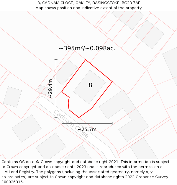 8, CADNAM CLOSE, OAKLEY, BASINGSTOKE, RG23 7AF: Plot and title map