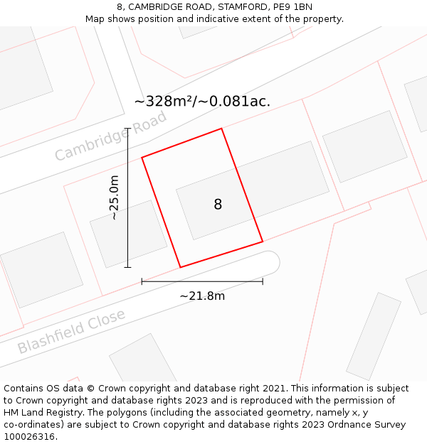 8, CAMBRIDGE ROAD, STAMFORD, PE9 1BN: Plot and title map