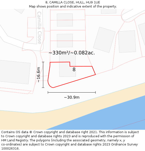 8, CAMILLA CLOSE, HULL, HU9 1UE: Plot and title map