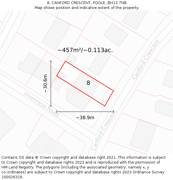 8, CANFORD CRESCENT, POOLE, BH13 7NB: Plot and title map