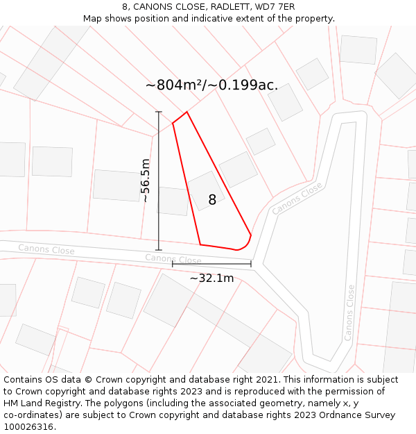 8, CANONS CLOSE, RADLETT, WD7 7ER: Plot and title map