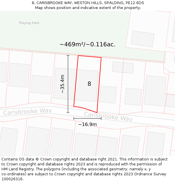 8, CARISBROOKE WAY, WESTON HILLS, SPALDING, PE12 6DS: Plot and title map