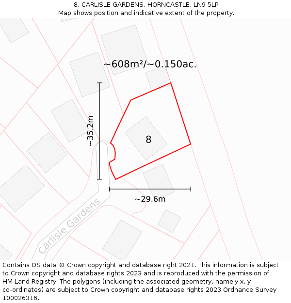 8, CARLISLE GARDENS, HORNCASTLE, LN9 5LP: Plot and title map