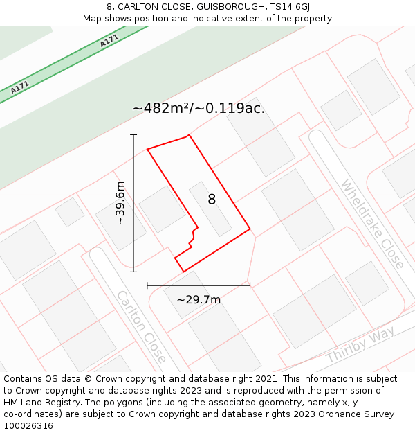 8, CARLTON CLOSE, GUISBOROUGH, TS14 6GJ: Plot and title map