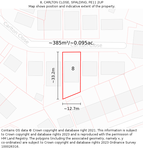 8, CARLTON CLOSE, SPALDING, PE11 2UP: Plot and title map