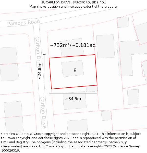 8, CARLTON DRIVE, BRADFORD, BD9 4DL: Plot and title map