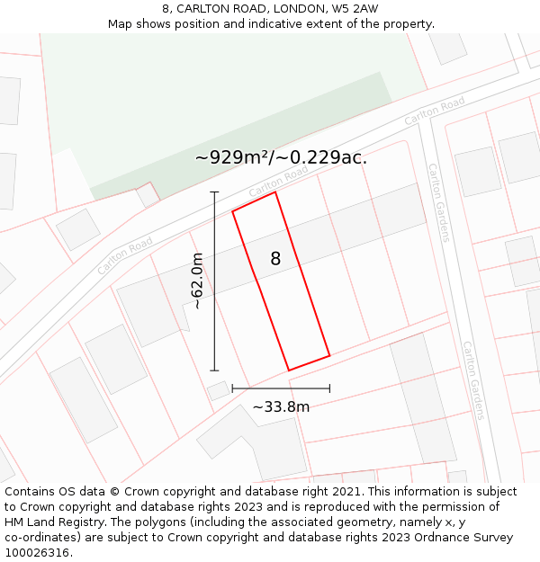8, CARLTON ROAD, LONDON, W5 2AW: Plot and title map