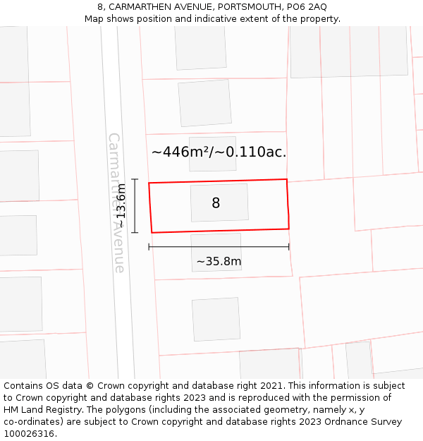 8, CARMARTHEN AVENUE, PORTSMOUTH, PO6 2AQ: Plot and title map